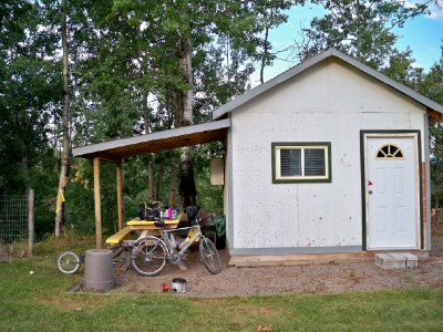 Staying in a cyclists cabin in Rainbow Adult Park in Canada