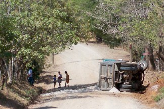 A truck turned over on the rough roads in Costa Rica