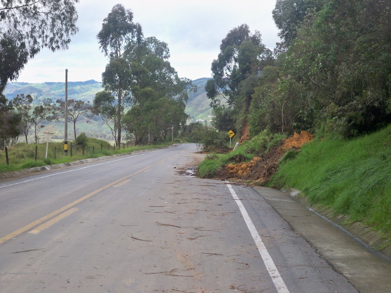 A small landslide on the road when cycling to Medellin in Colombia