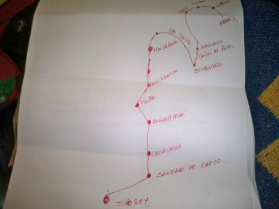 A hand drawn map showing me how to cycle through the Andes of Peru