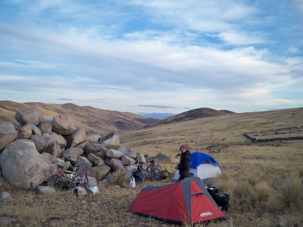 Set up tents to wild camp in Peru on a bike tour