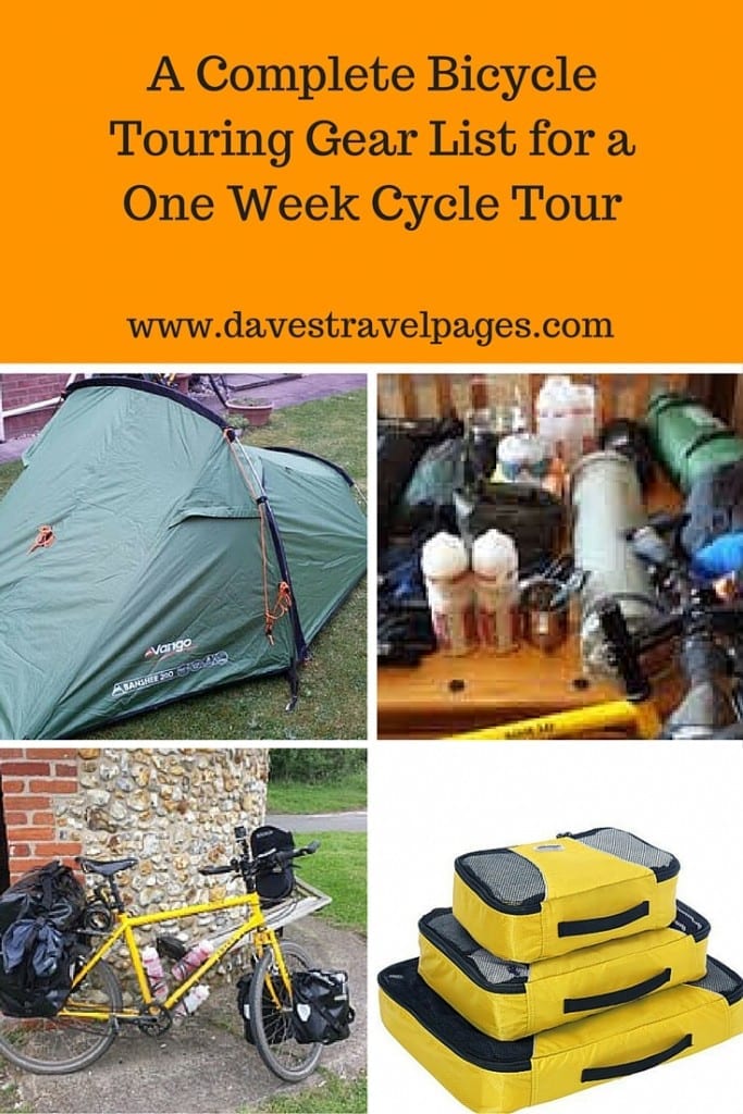 A complete bicycle touring gear list for a one week cycle tour. Here is a comprehensive list of everything you might need when bicycle touring for one week.