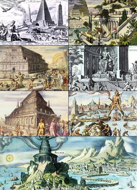 A collage of the 7 wonders of the ancient world as depicted by 16th-century Dutch artist Maarten van Heemskerck.