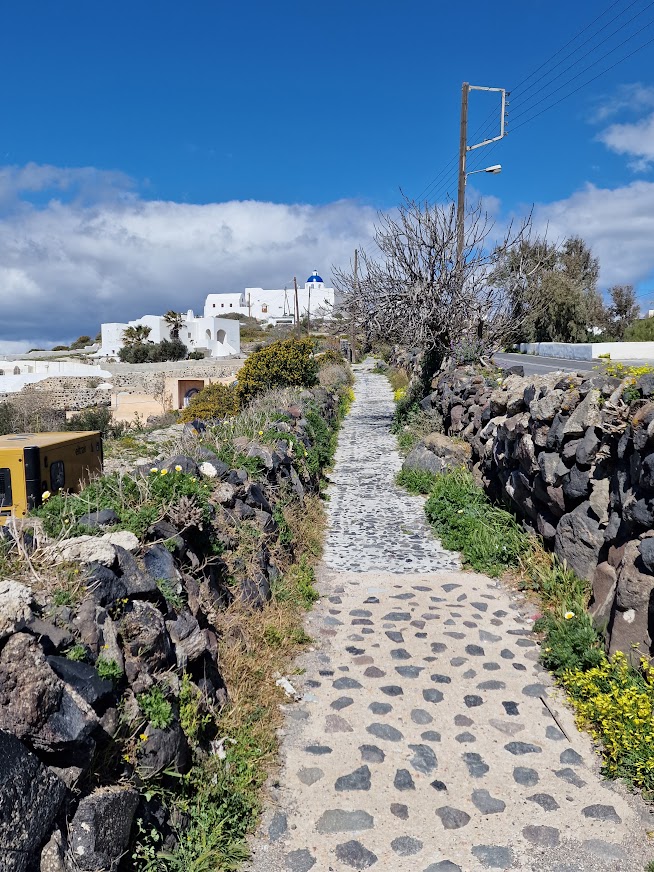 Cobbled trail leading to a monastery in Santorini