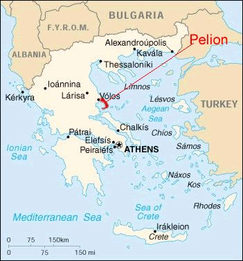 Pelion peninsula map - The region is located on the east coast of mainland Greece