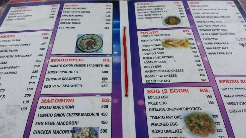 Typical menu from a teahouse in Nepal