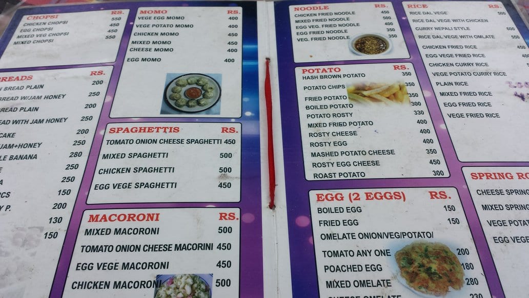 Typical menu from a teahouse in Nepal