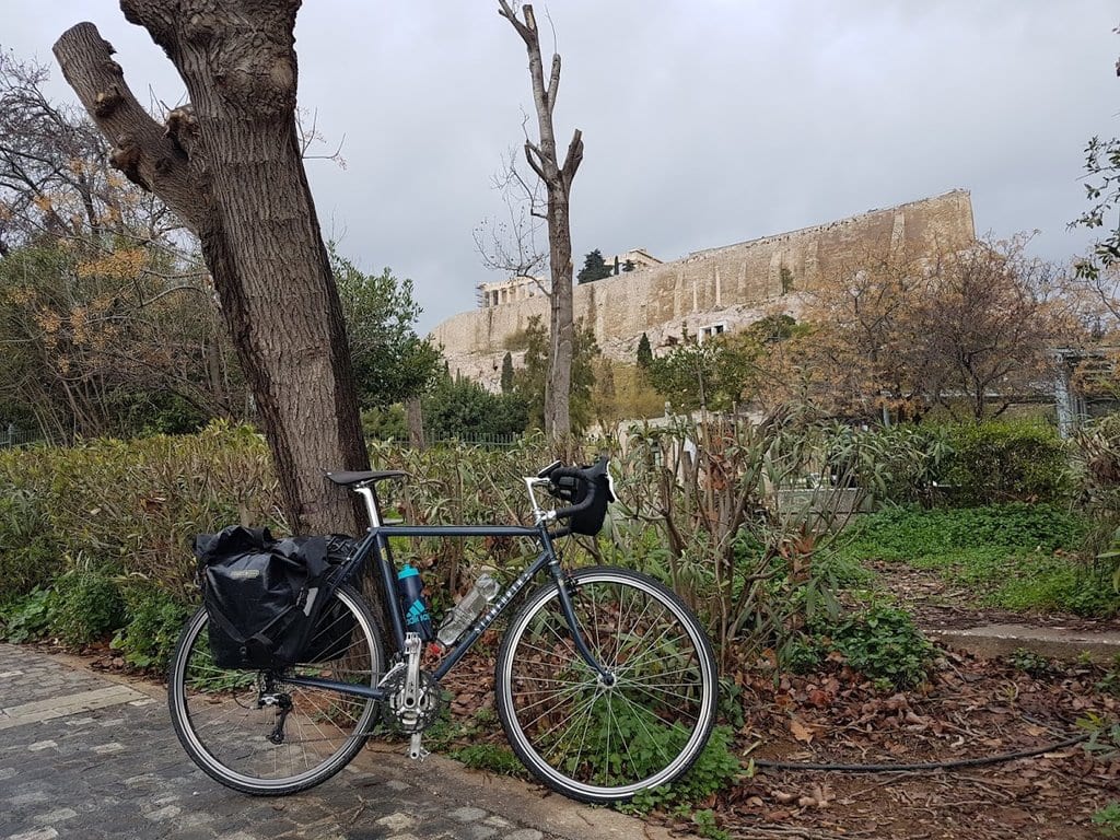 The Stanforth Skyelander classic touring bike in front of the Acropolis in Athens