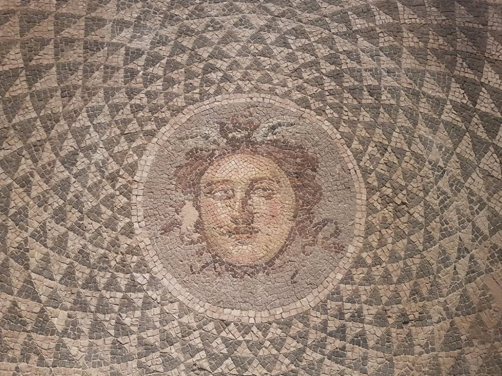 A mosaic of Medusa dating from the Roman period on display in the archaeological museum of Patras