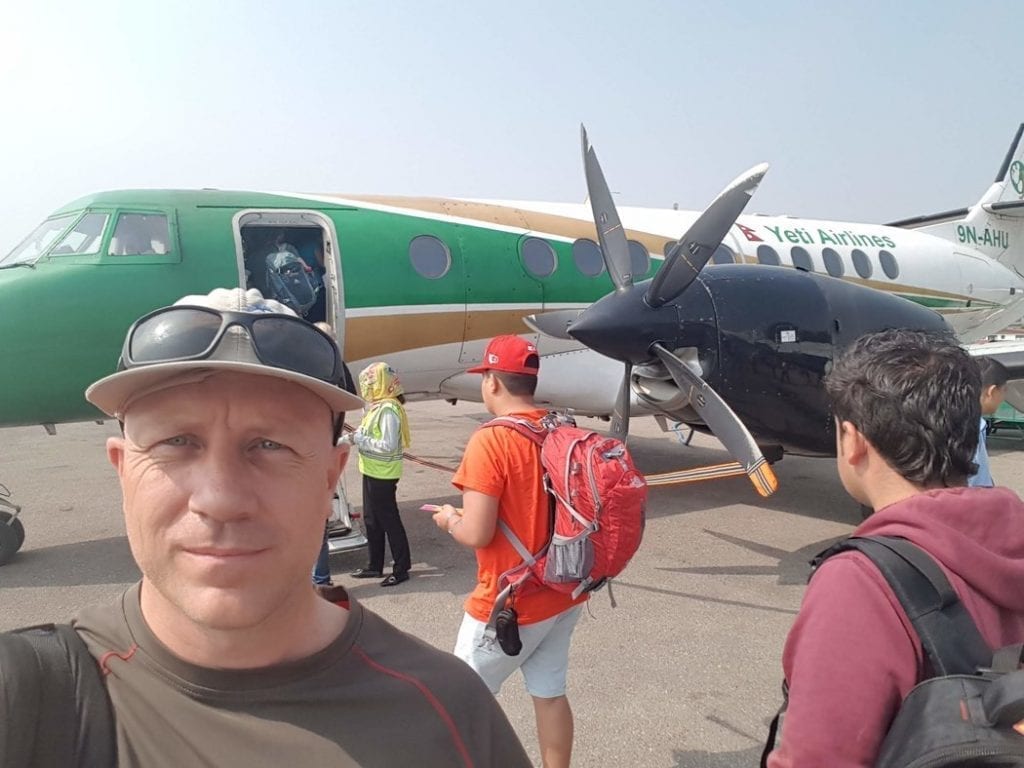 Getting ready to board Yeti airlines from Kathmandu to Pokhara in Nepal