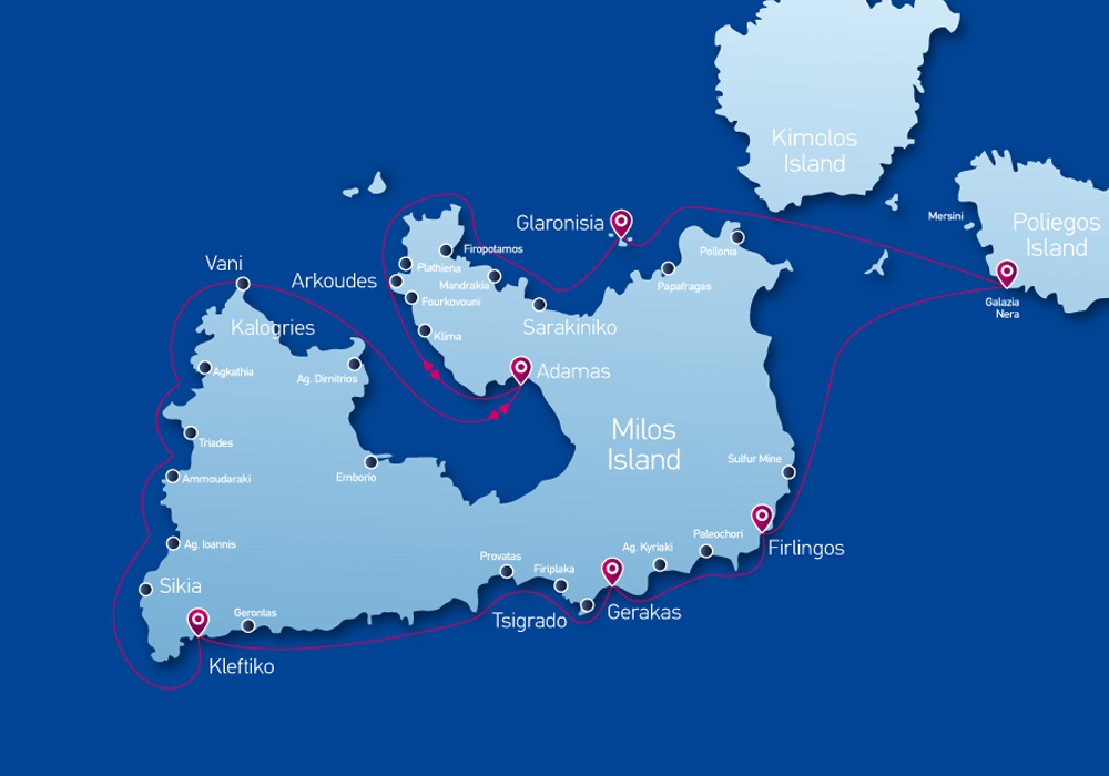 The route our Milos sailing tour followed around the Greek island of Milos