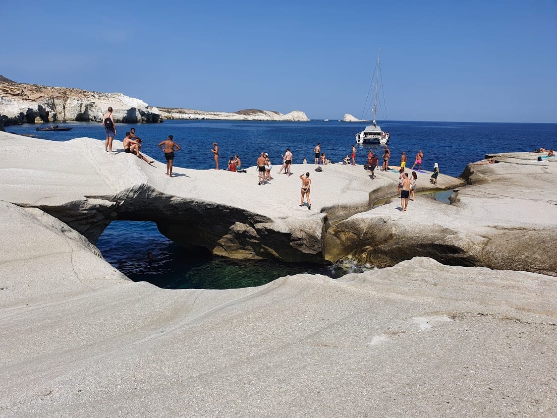 The white moon rocks of Sarakiniko beach in Milos Greece