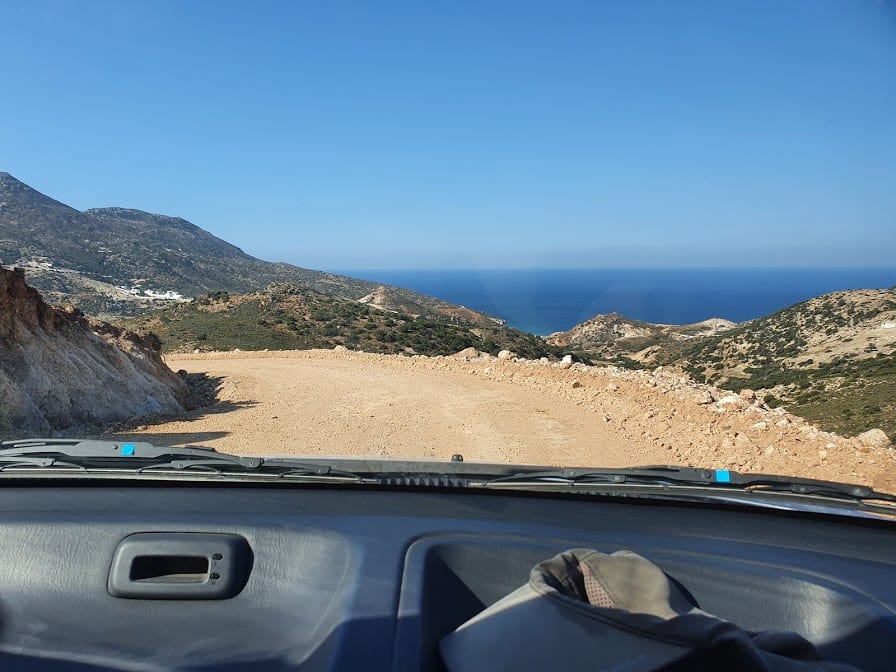 Looking through the windscreen when driving in Milos