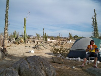 Chilling at a campsite in Mexico after a day's cycling