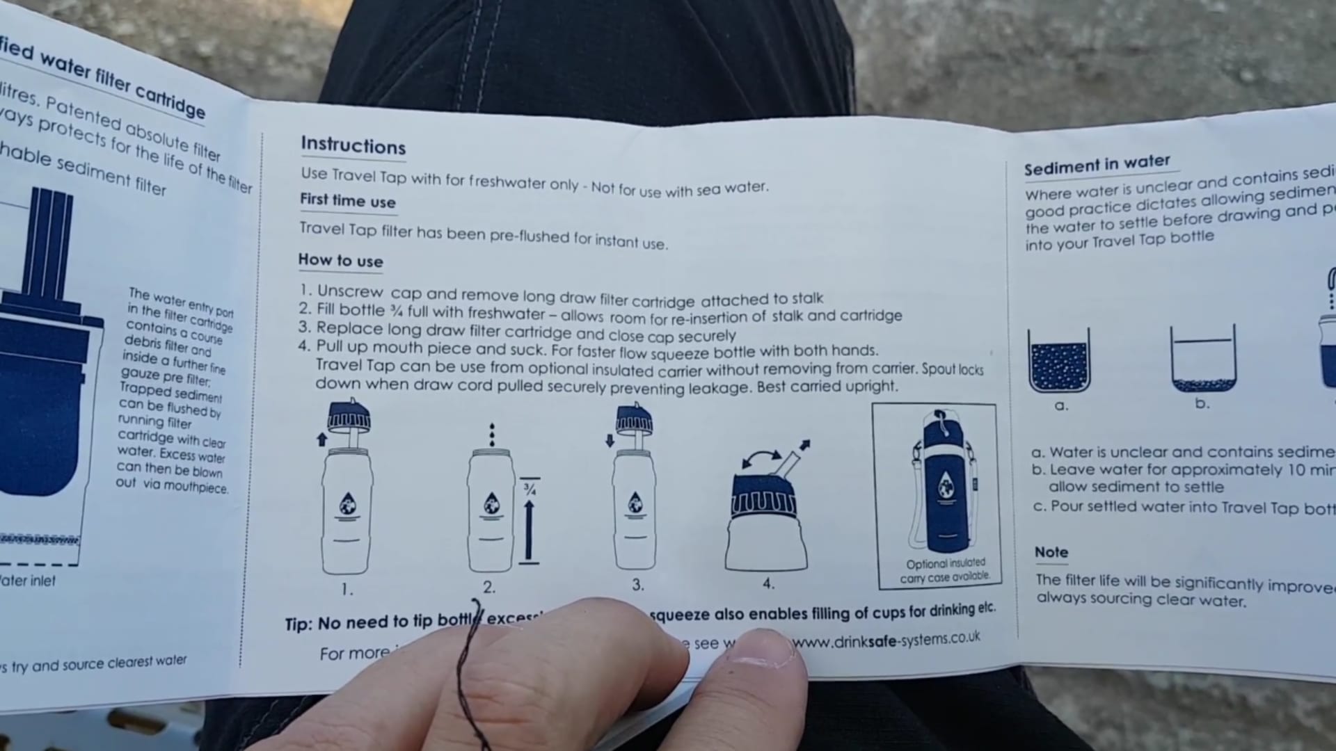 The instructions from the water bottle for travel with filter