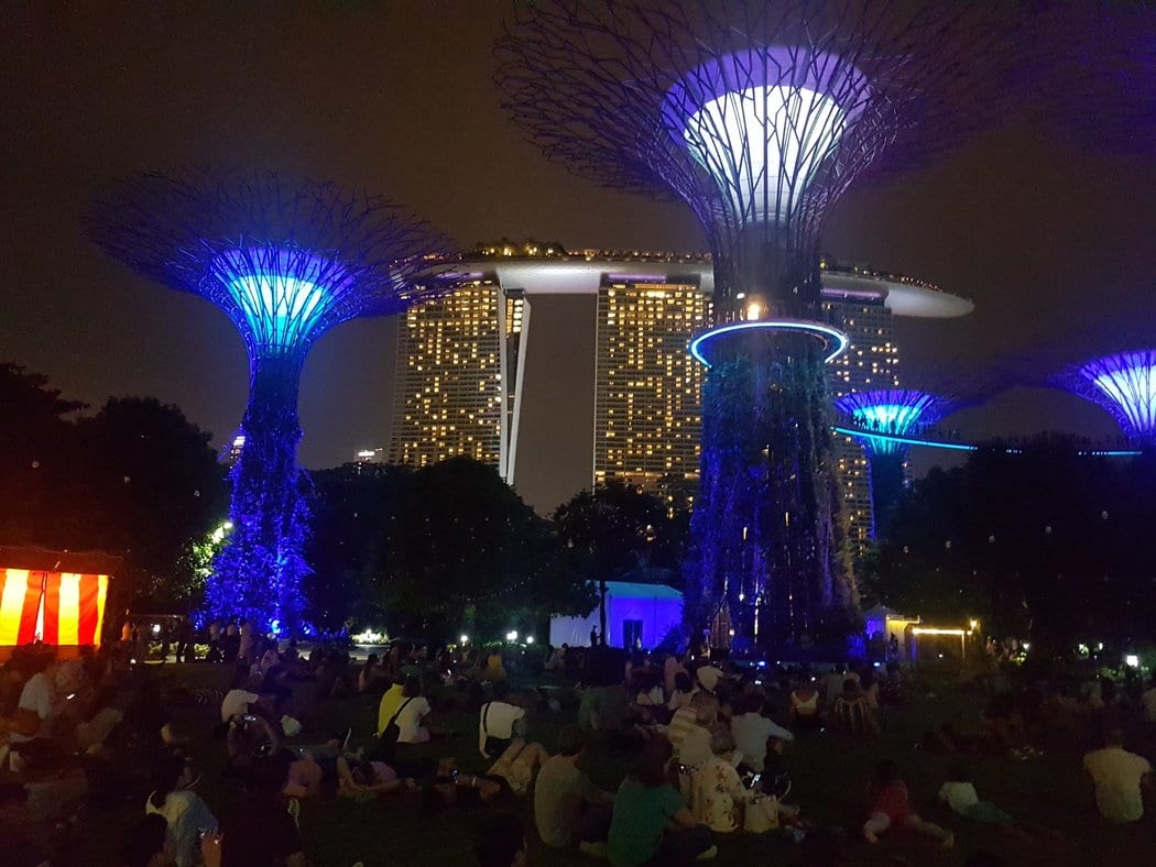 Waiting for the Gardens by the Bay light and sound show to begin in Singapore