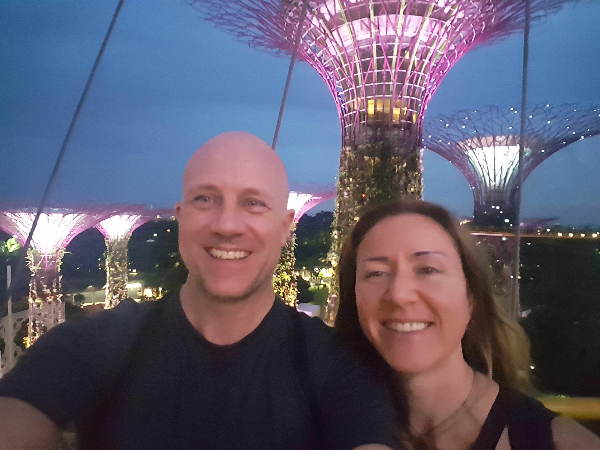 Our cheesy selfie taken on the walkway between the Singapore supertrees at Gardens by theBay