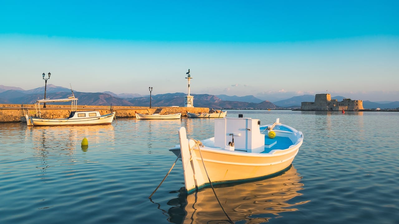 The Bourtzi in the harbour of Nafplio in the Peloponnese Greece