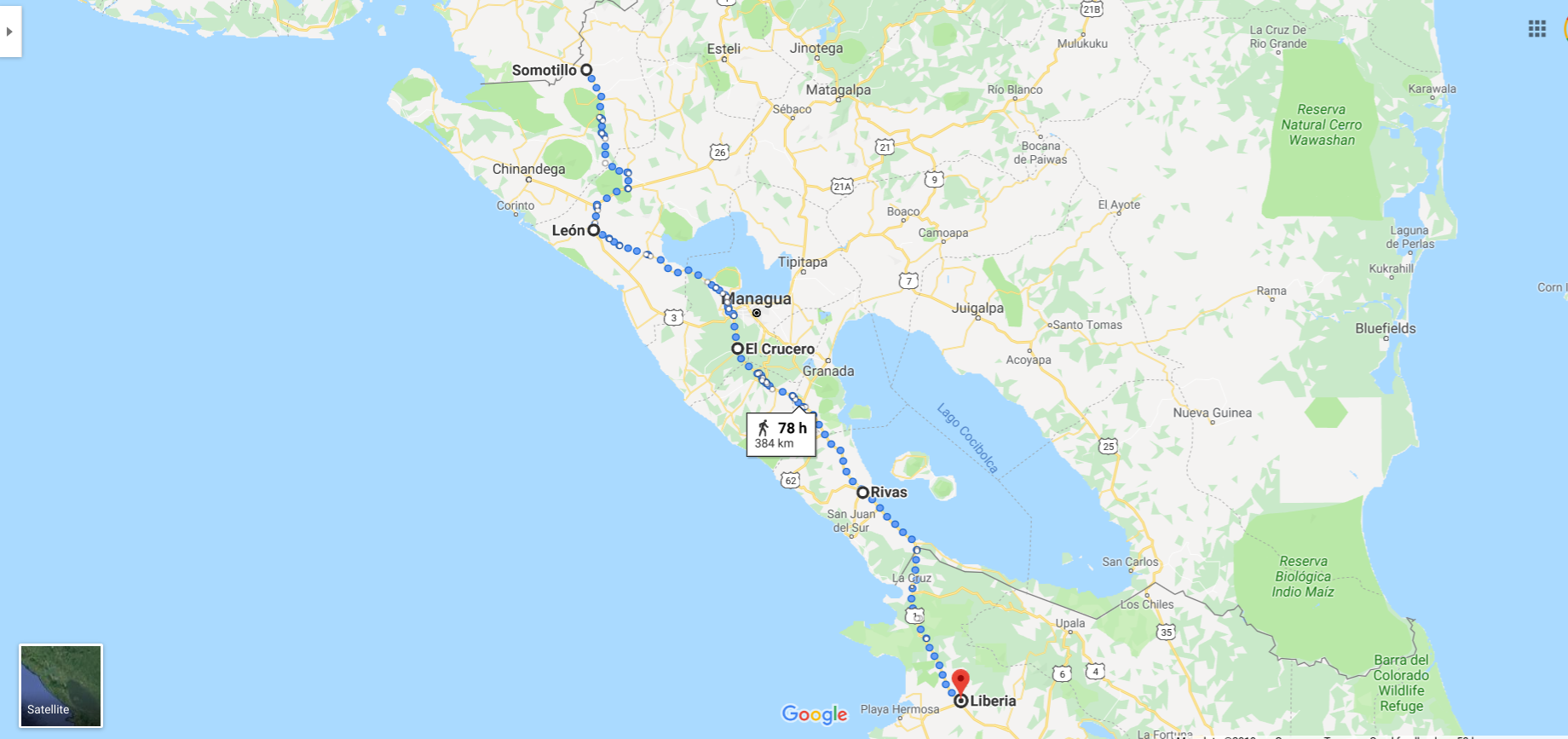 My cycling route through Nicaragua