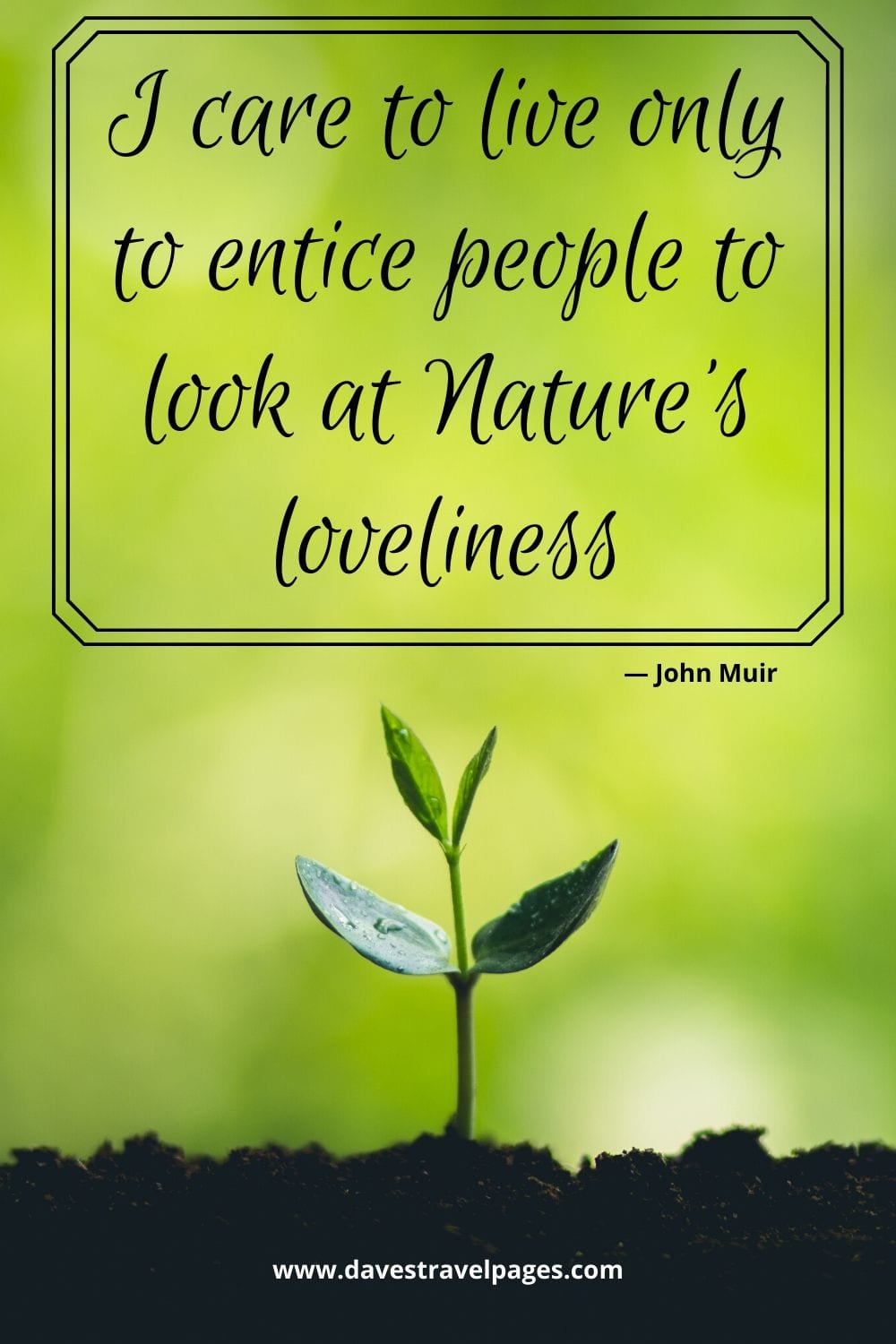 Nature Quotes - “I care to live only to entice people to look at Nature’s loveliness.” ― John Muir