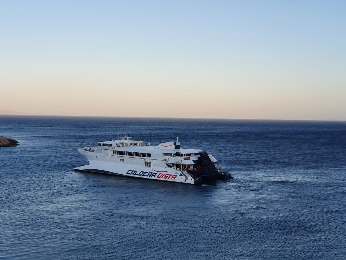 The Caldera Vista catamaran sailing from Sikinos to Folegandros