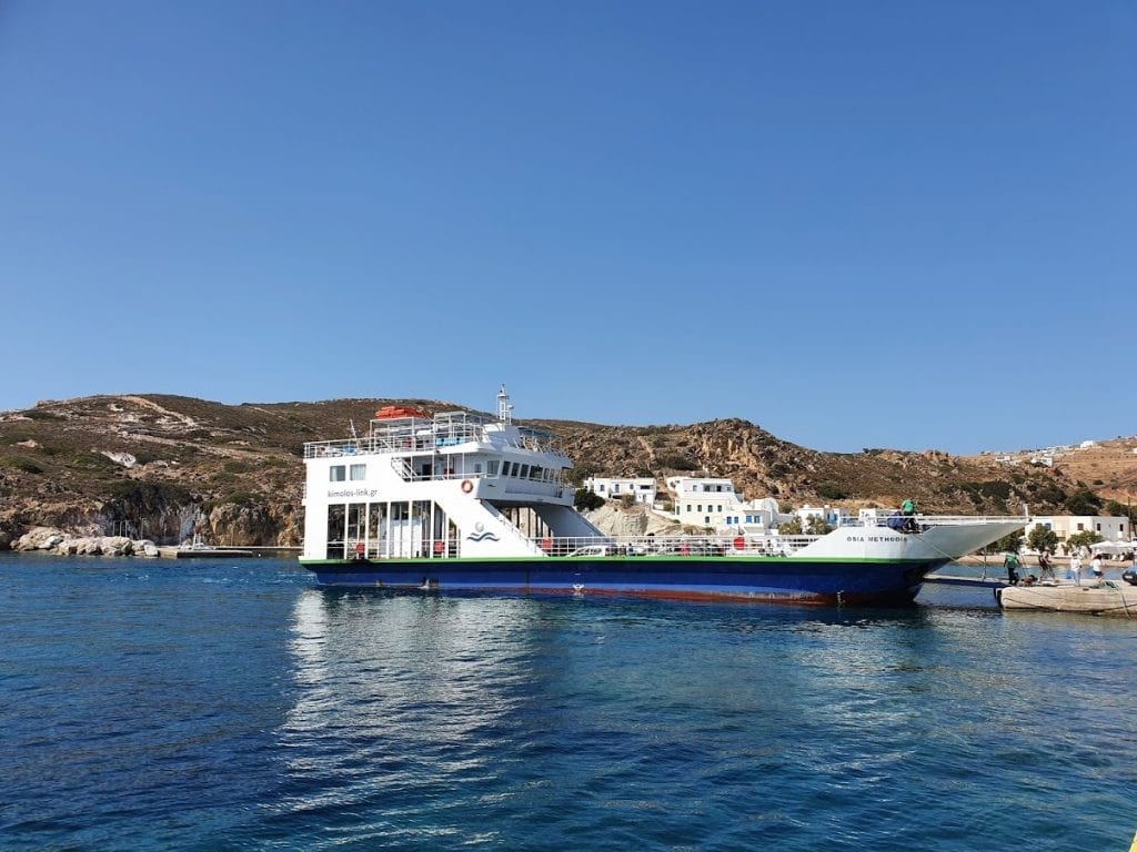 The local Milos to Kimolos ferry docked in Psathi, Kimolos