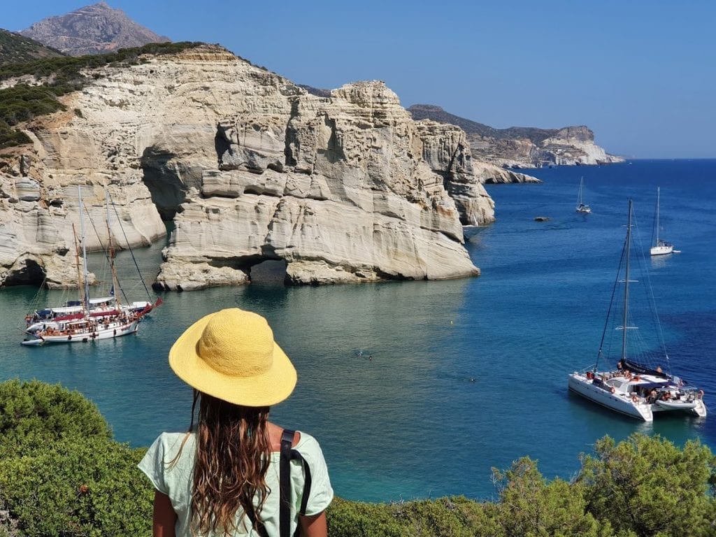 Looking at some of the boat trips arriving in Kleftiko Bay on Milos island in Greece