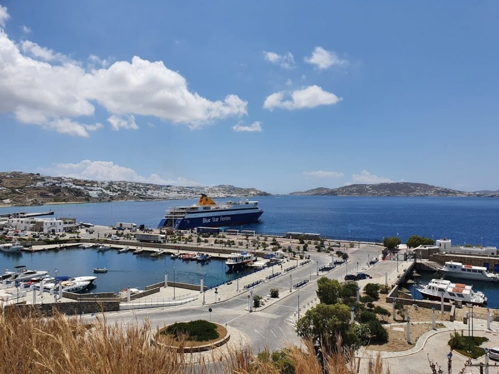 Ferries from Mykonos to Milos in Greece leave from Mykonos new port as shown here