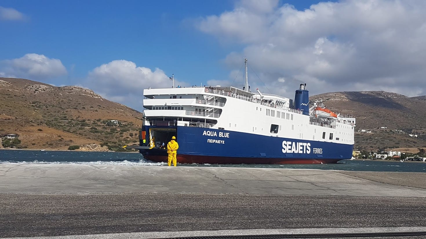 A ferry arriving in the port on Andros island in Greece
