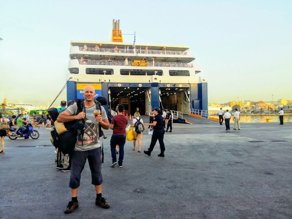 Dave from Dave's Travel Pages leaving on a ferry from Piraeus port in Athens Greece