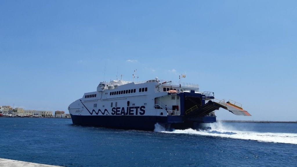 A seajets ferry getting ready to leave from Syros island in Greece
