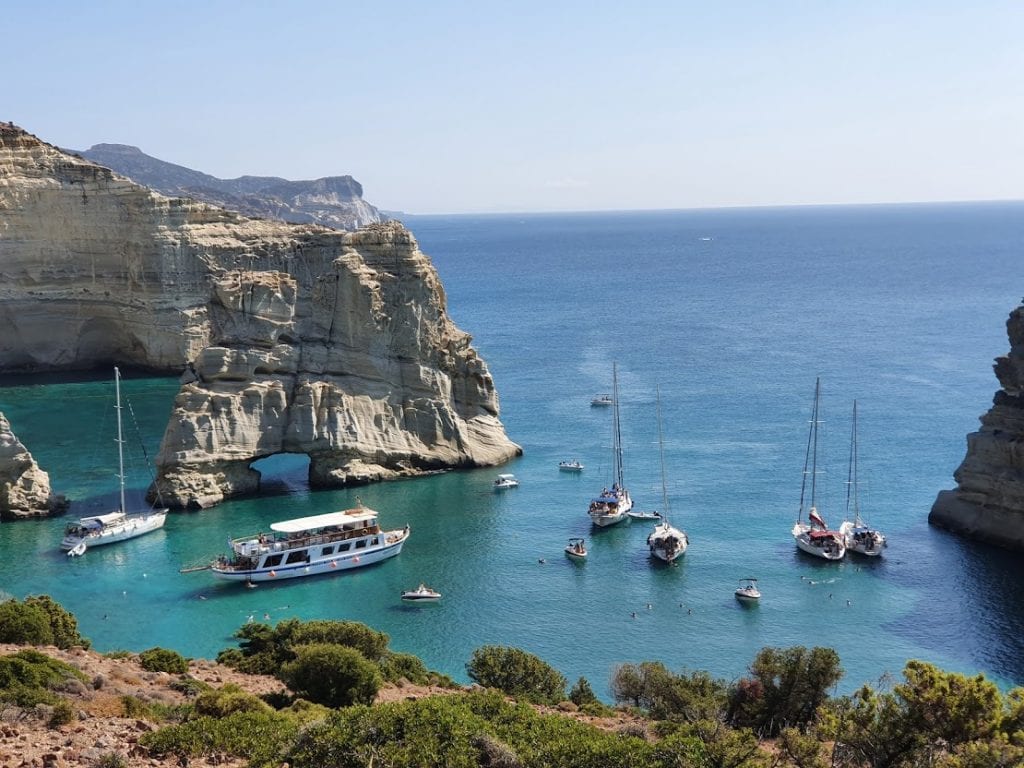 The famous Kleftiko Bay in Milos Greece