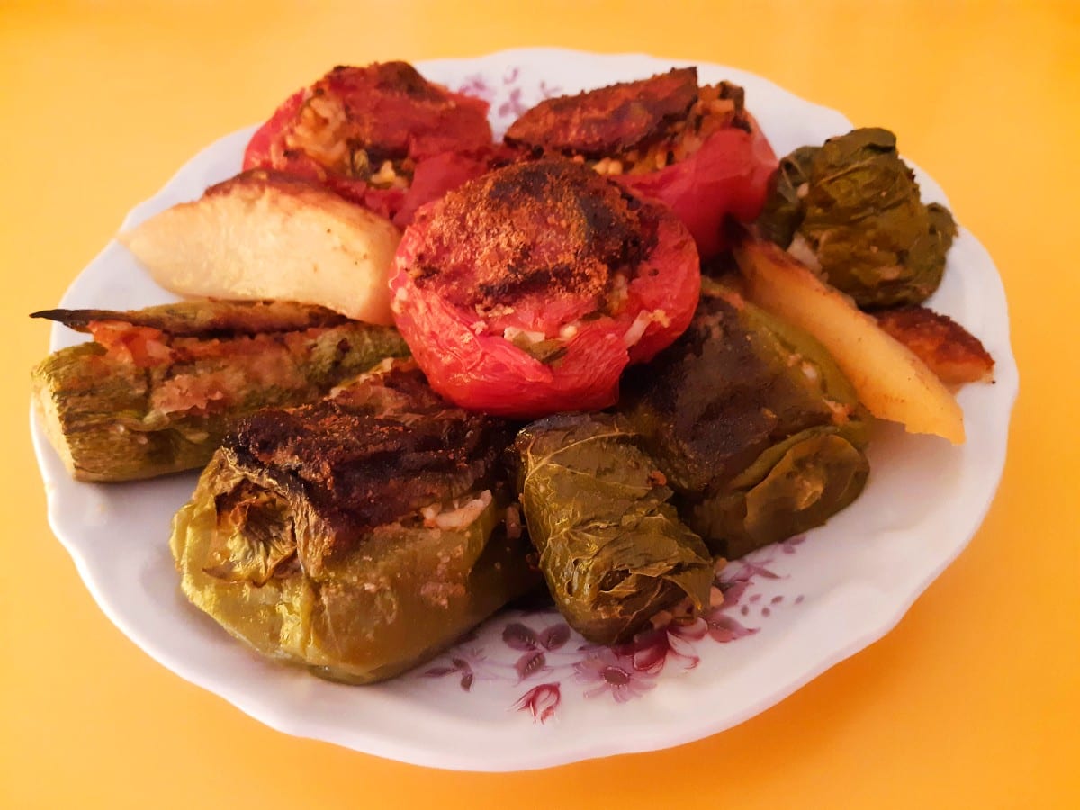 Gemista is a Greek dish that consists of a tomato stuffed with rice