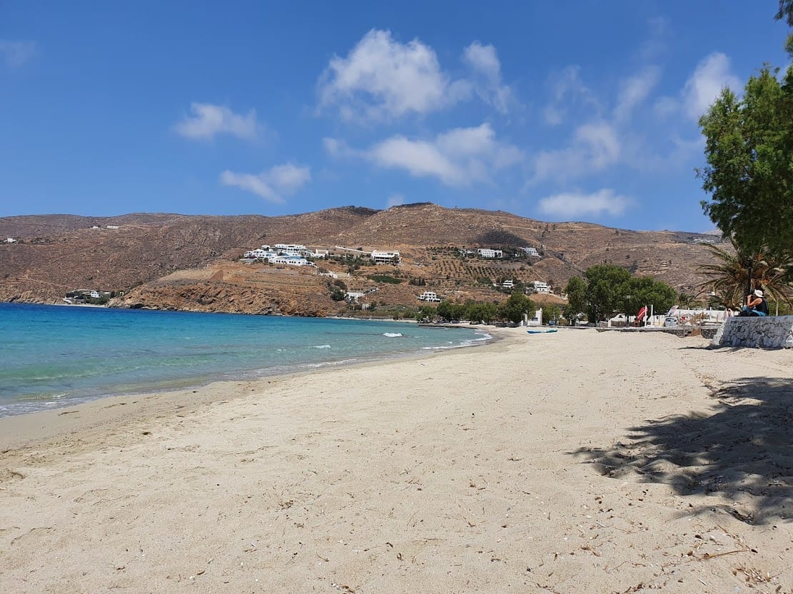 Aegiali Beach in Amorgos is a long, sandy beach with some natural shade