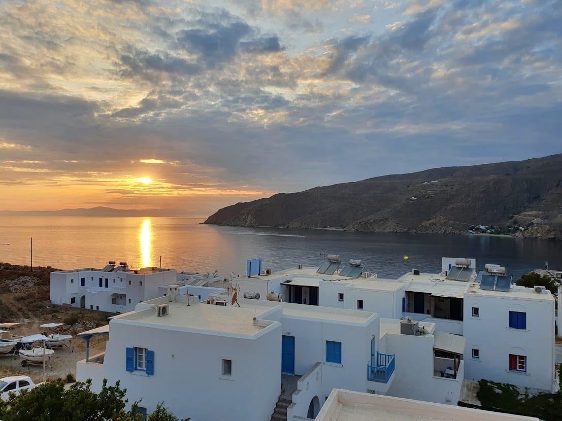Enjoying the sunset view from a hotel balcony in Amorgos Greece