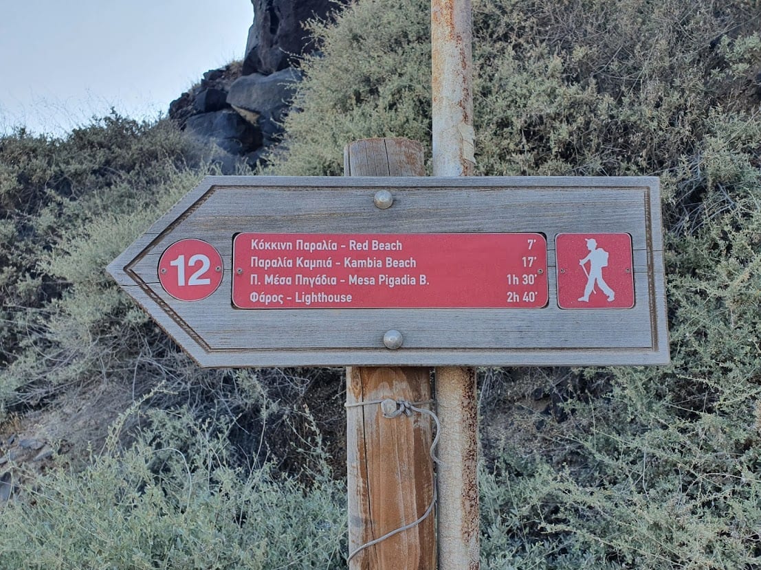 A hiking route signpost in Santorini