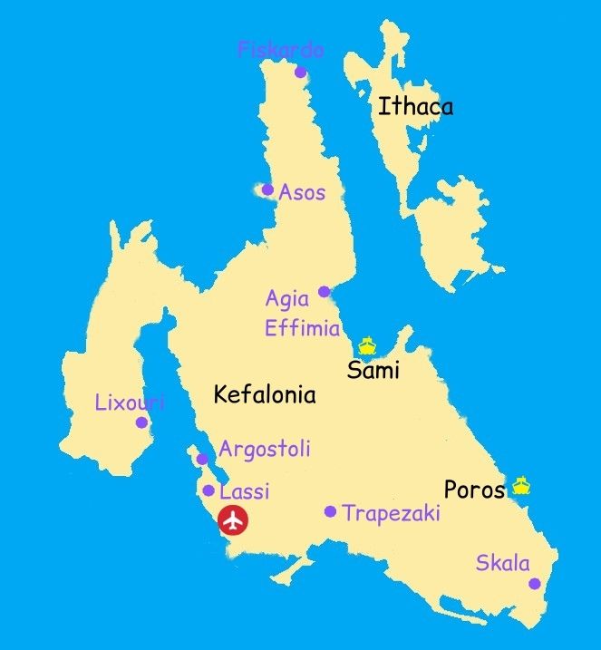 Map of the main places to stay in Kefalonia island