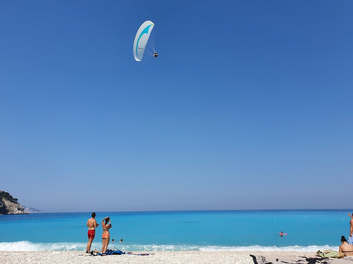 Looking at people paragliding on the beach at Myrtos in Kefalonia island