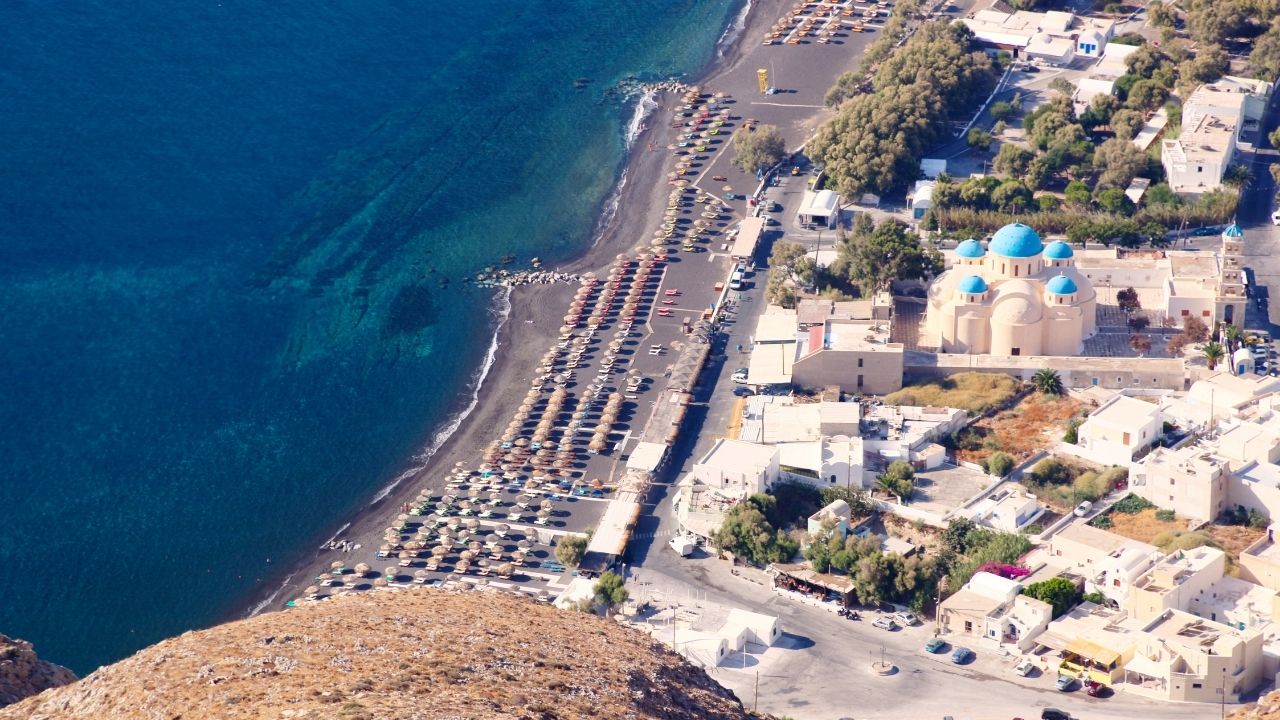 Perissa in Santorini is a good place to stay if you want to be by the beach