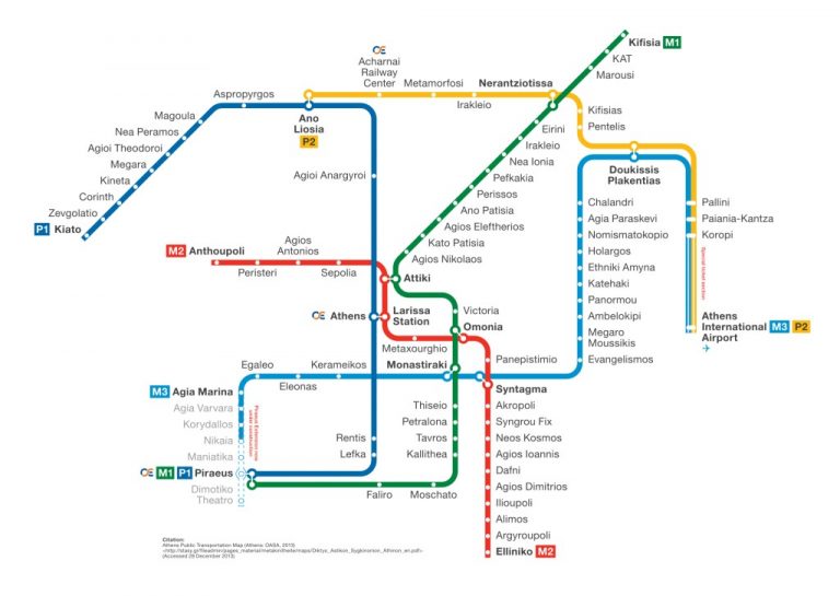 Athens Meto Map showing how to travel from Athens airport to the port of Piraeus
