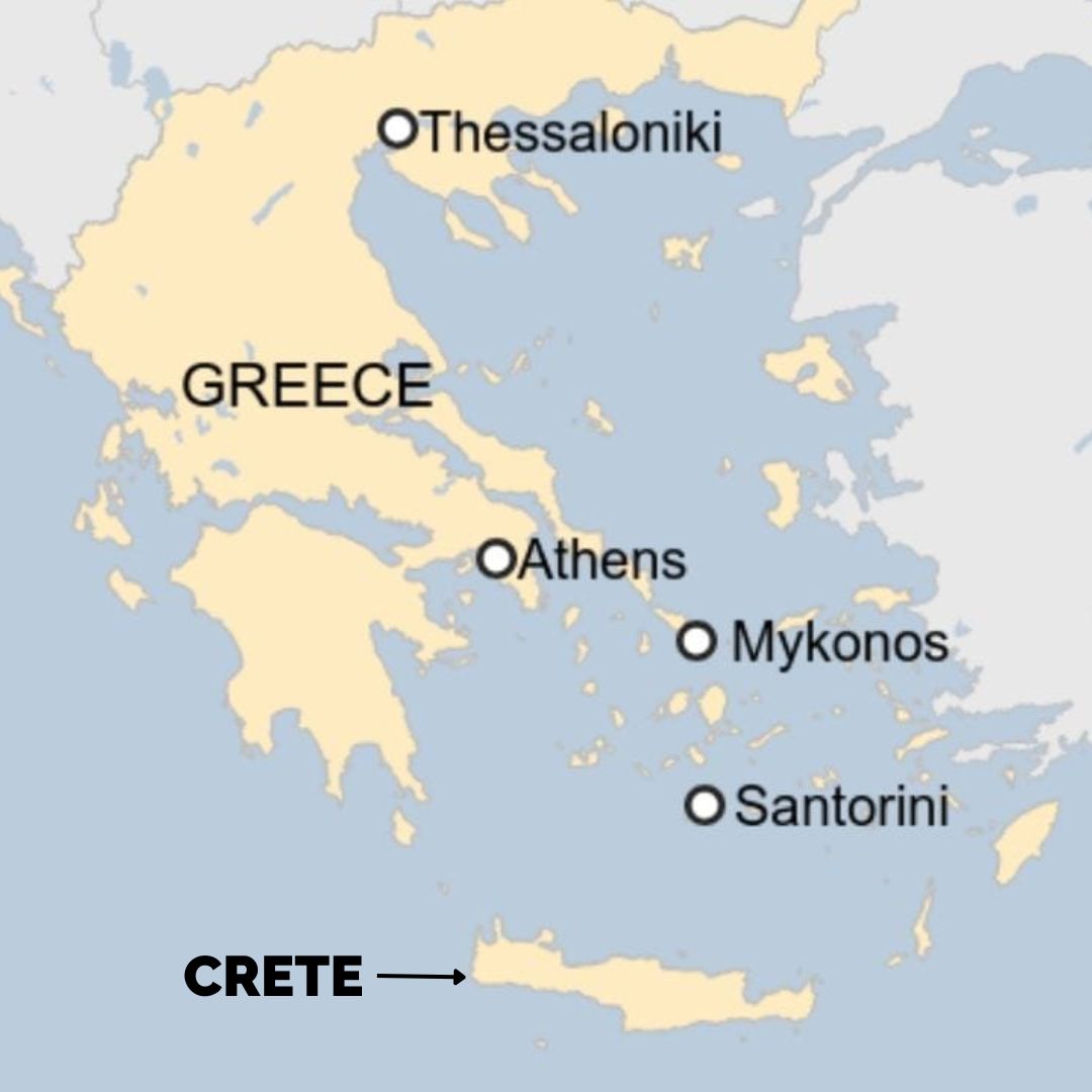 A map showing where the island of Crete is located in relation to the rest of Greece