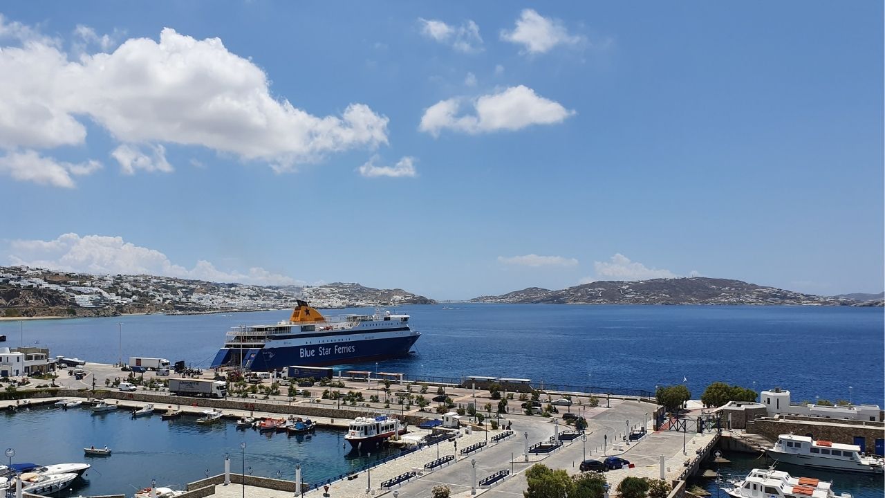 Arriving by ferry at Mykonos