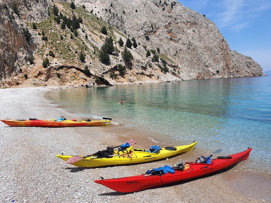 Kayaks on Saint Georges Beach in Symi island, Greece