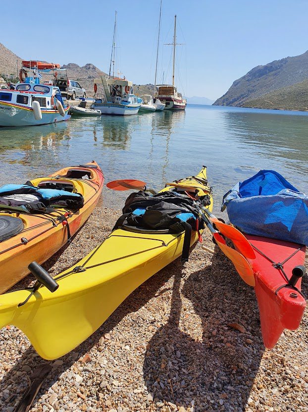 Putting the kayaks in the water at Pedi Bay Symi