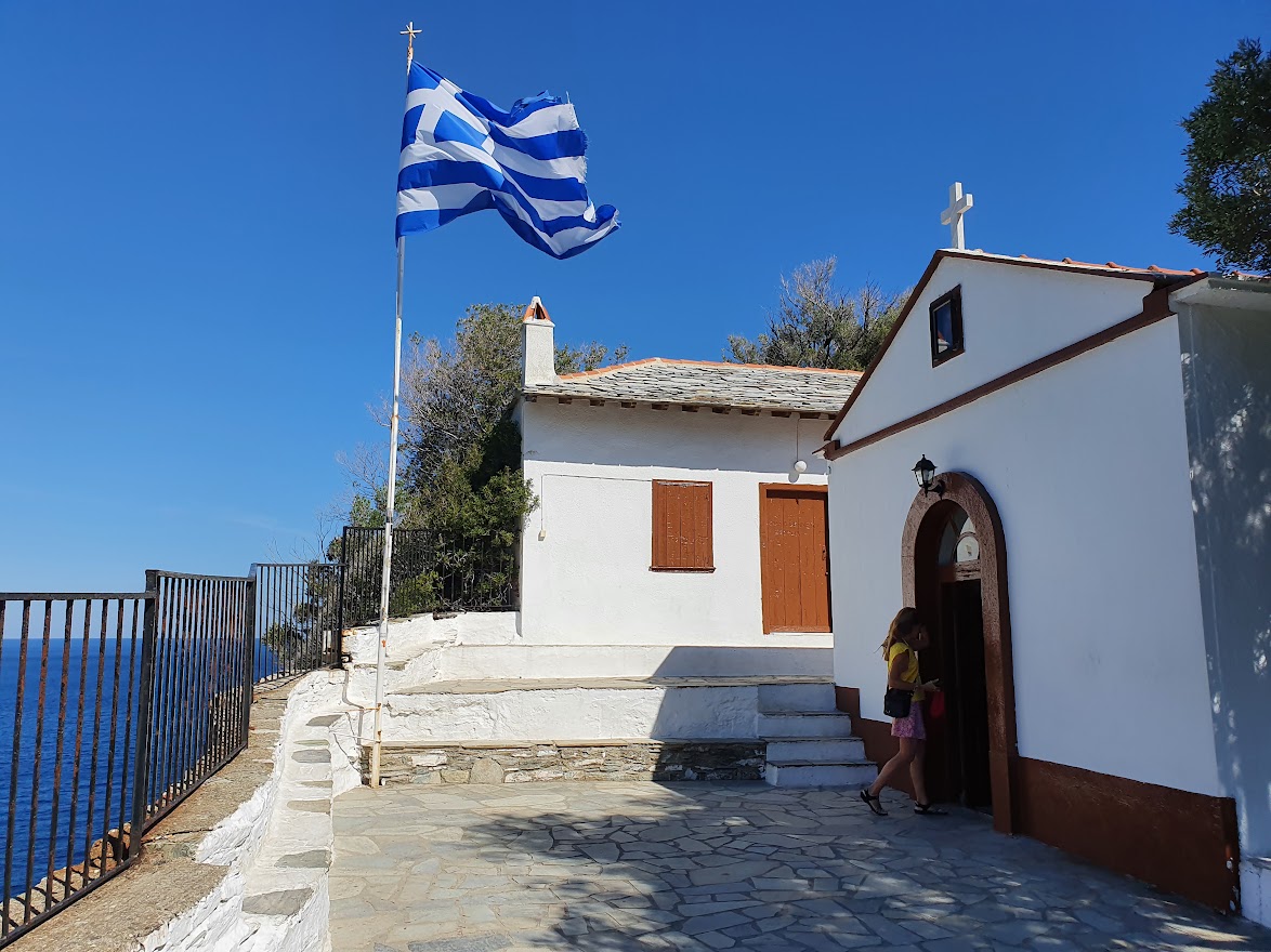 Greek flag flying outside the church used as a film location in the movie Mamma Mia