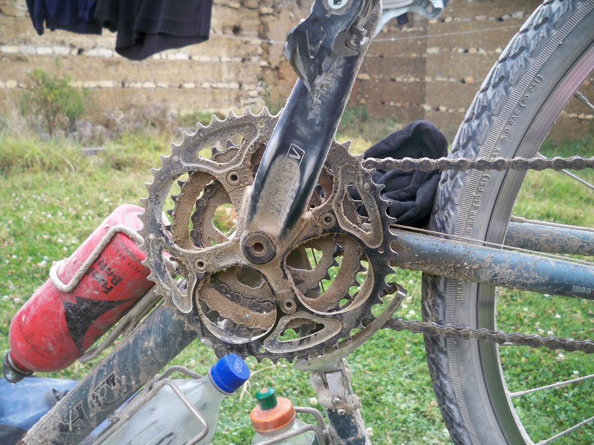 An example of a dirty bike chain and drive chain system on a Dawes bicycle from when I cycled Alaska to Argentina