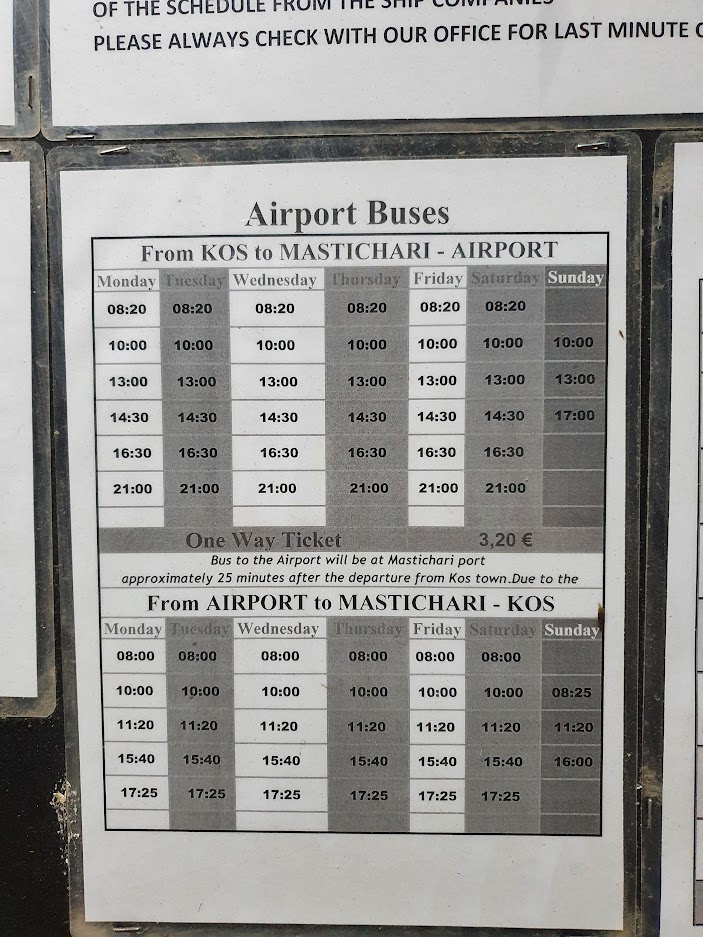 Kos to Mastichari bus timetable