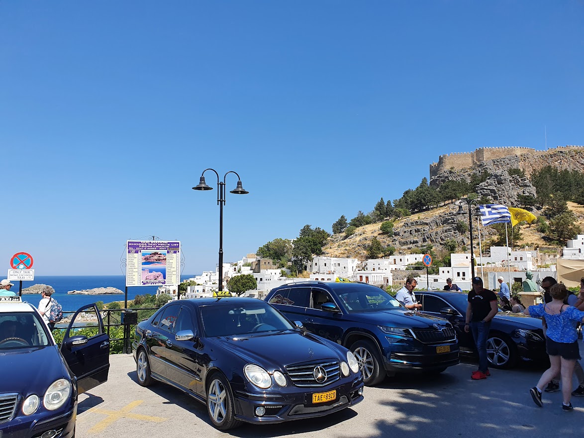 Taxis in Lindos Town, Rhodes Greece