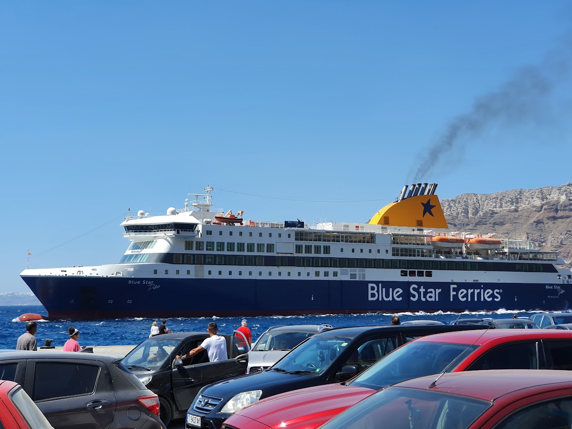 A ferry arriving at Santorini port