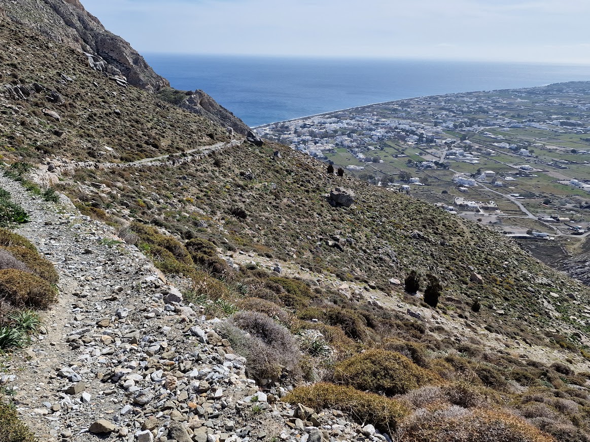Gravel pathway to Perissa in Santorini greece